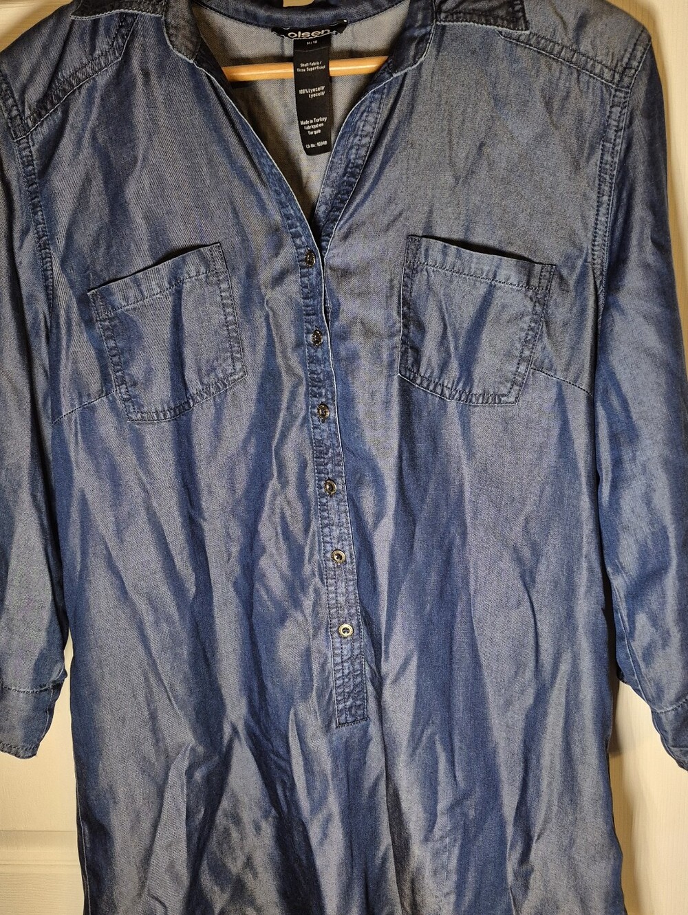 Olsen 100% Lyocell Chambray Tunic Shirt Dress Top | Roll Tab Sleeves | M